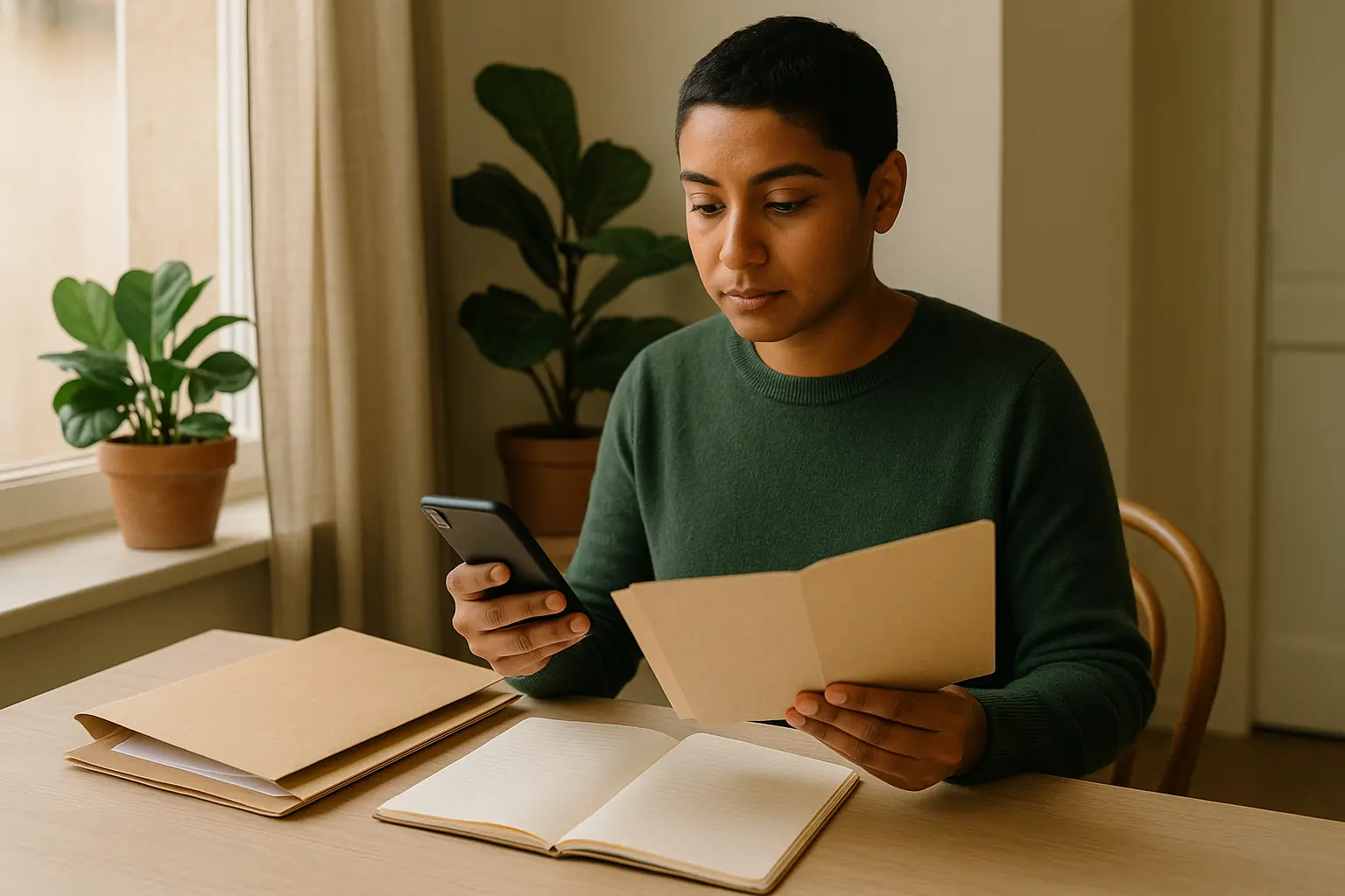 Une personne prépare des documents à une table, avec son téléphone et un carnet.