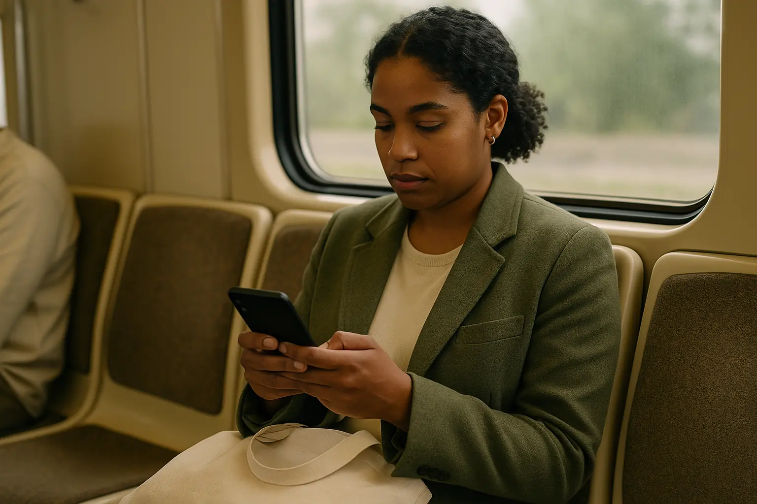 Une personne révise sur son téléphone pendant un trajet en transport.