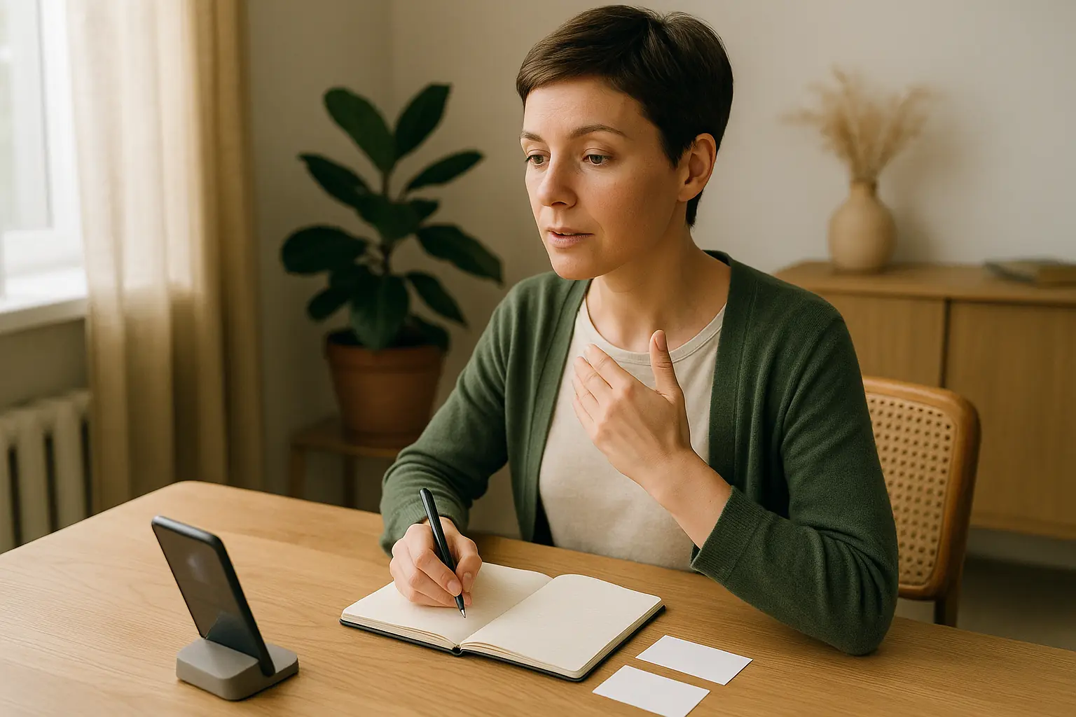 Une personne prépare ses réponses à l'entretien, avec un téléphone et un carnet.