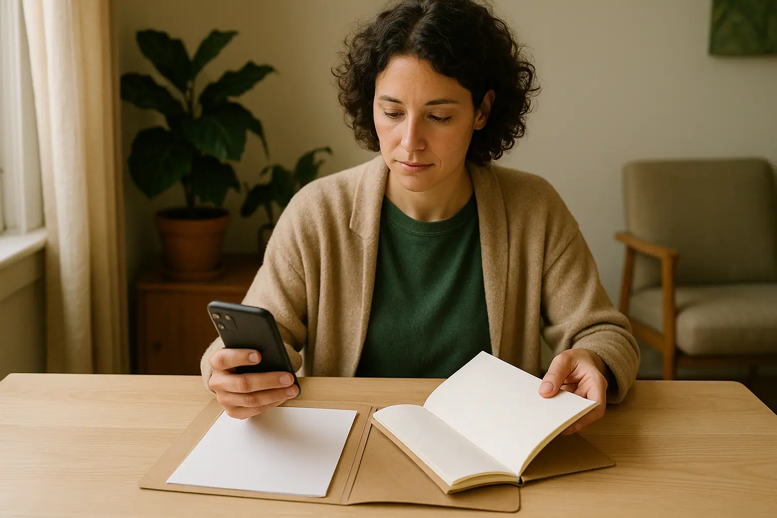 Une personne passe de la lecture sur téléphone à la préparation de ses documents.