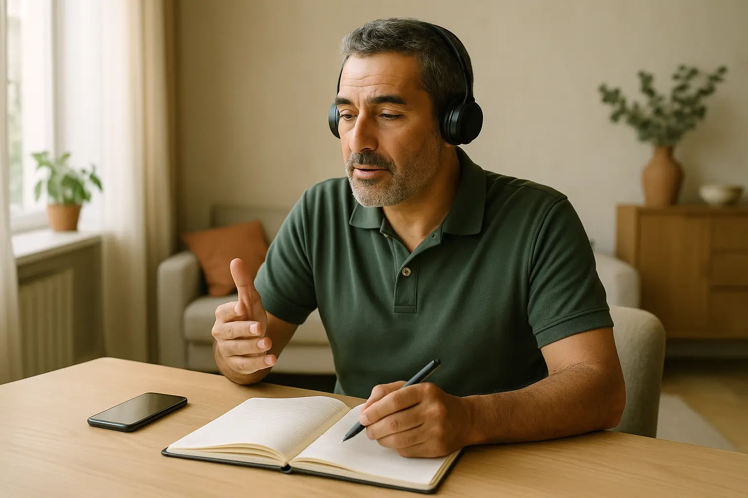 Une personne pratique le français avec un casque, un téléphone et un carnet.