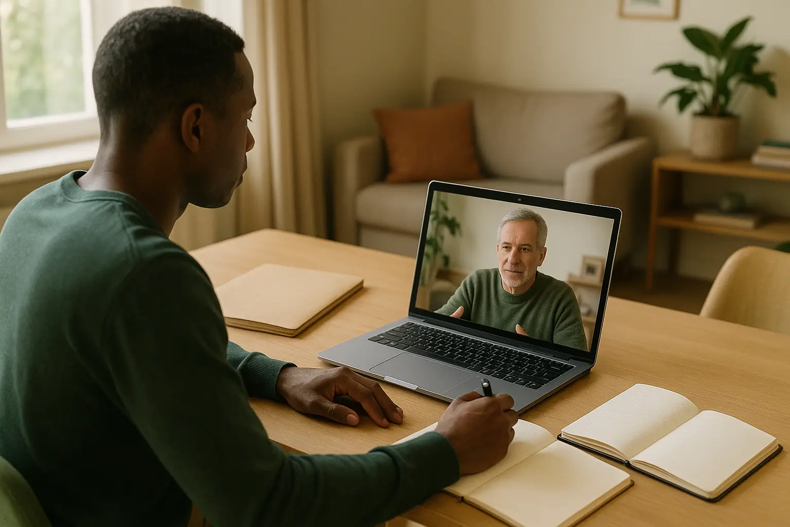 Une personne échange en vidéo avec un expert et prépare ses documents.